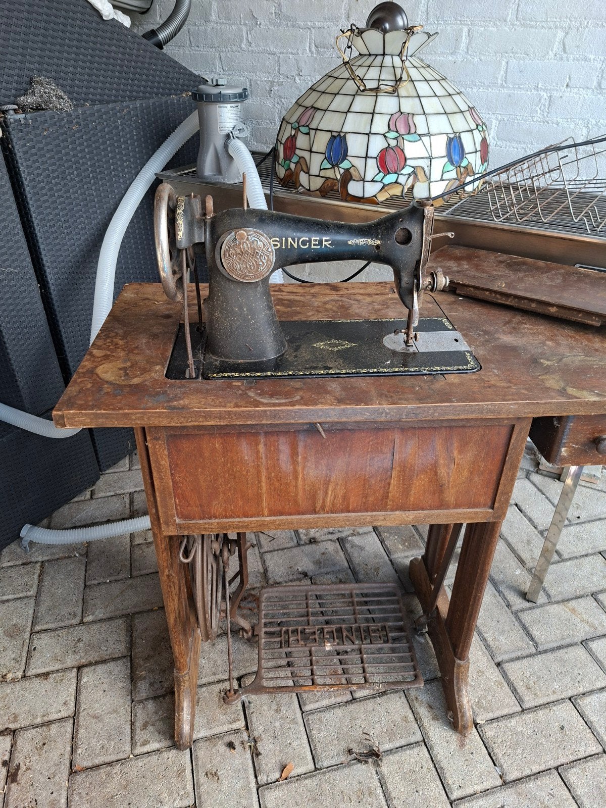Antieke Singer Naaimachine met Houten Onderstel, Antiek en Kunst, Ophalen
