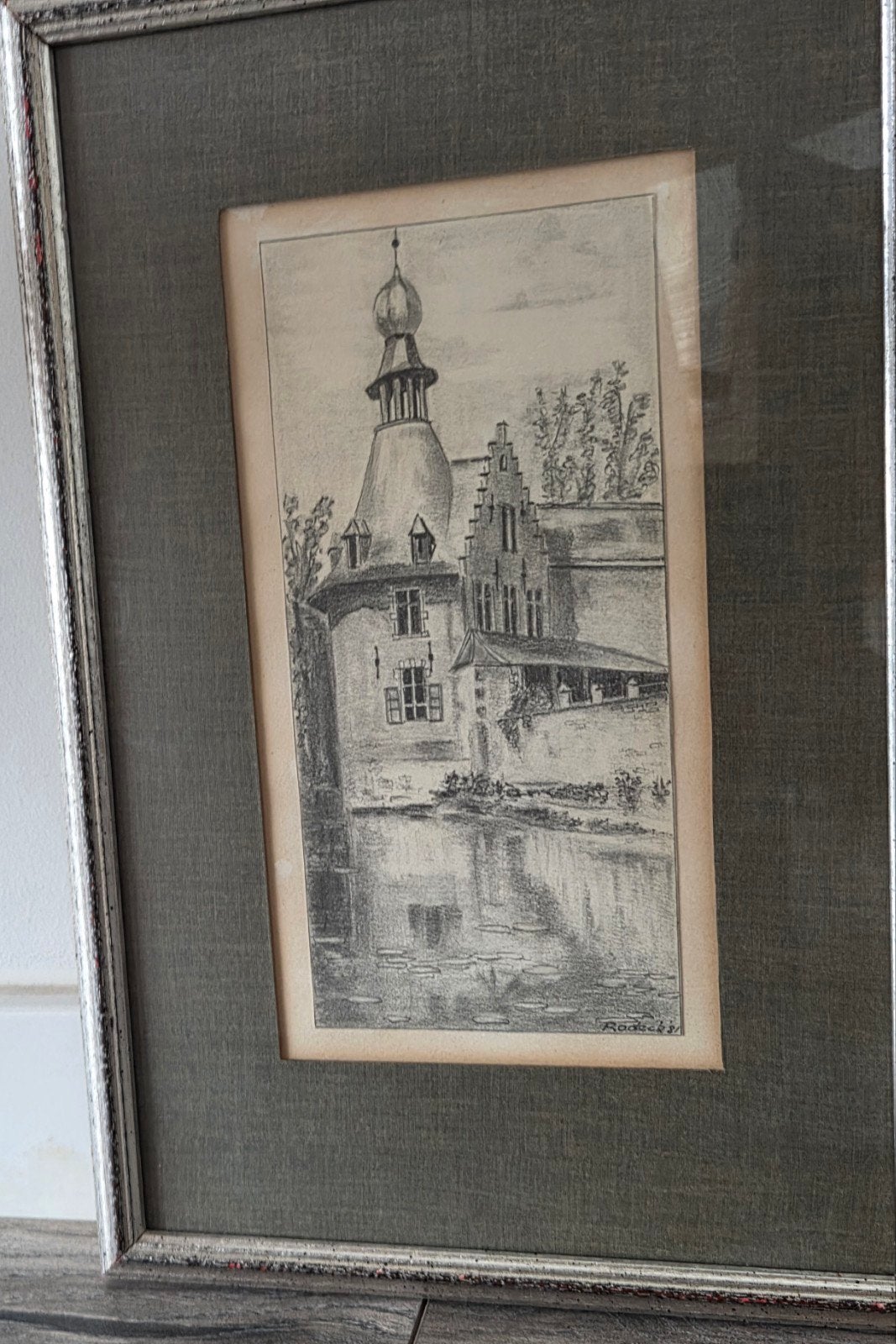 Potloodtekening kasteel met slotgracht Rodeck '81, Antiek en Kunst, Ophalen of Verzenden
