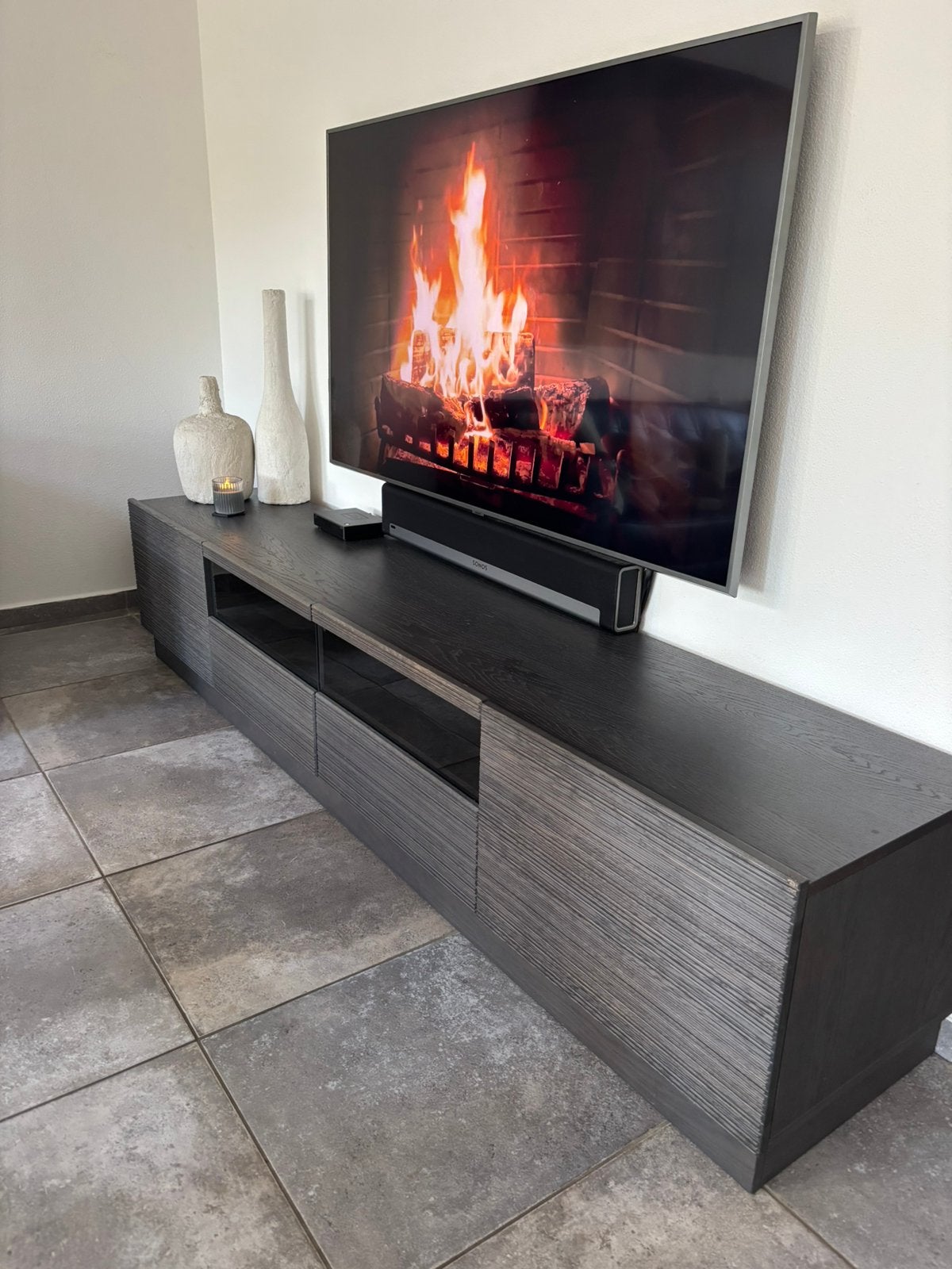 Antraciet grijs/bruine tv kast, Huis en Inrichting, Ophalen, Gebruikt, 200 cm of meer, Minder dan 100 cm