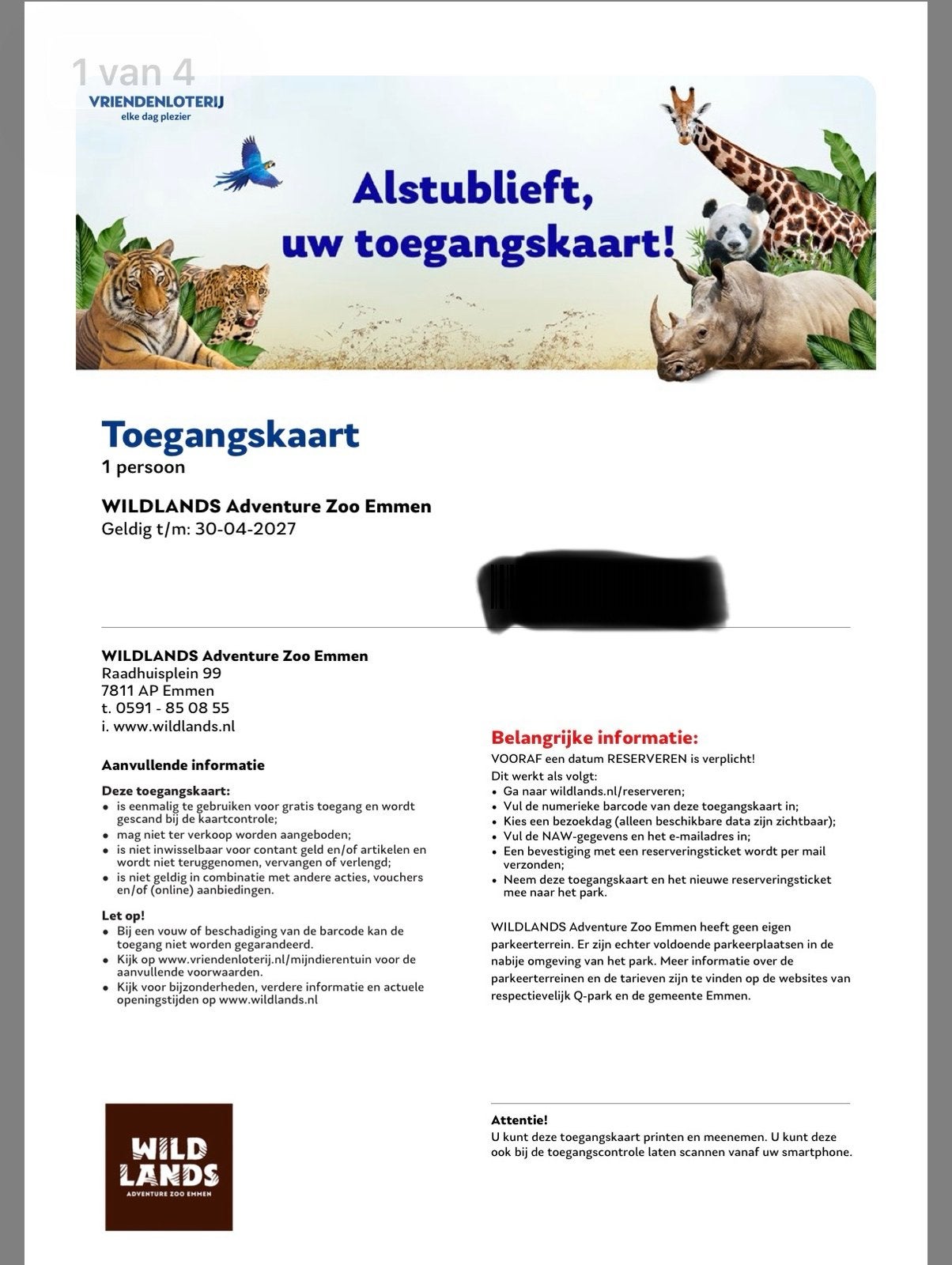 4 toegangskaarten dierentuin Wildlands Adventure Zoo Emmen, Drie personen of meer, Ticket of Toegangskaart