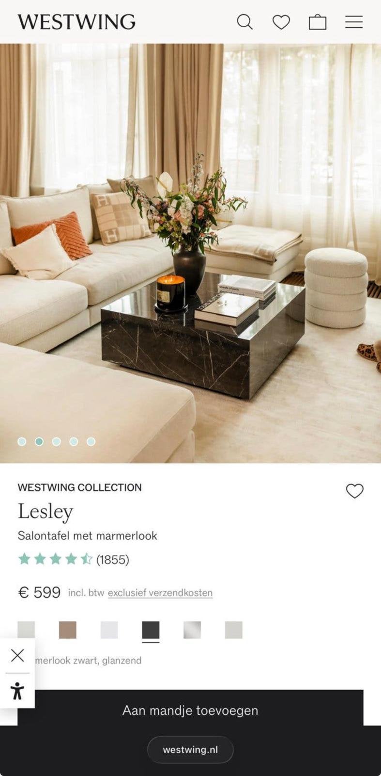 Westwing Lesley salontafel – zwarte marmerlook, Ophalen, Zo goed als nieuw, 50 tot 100 cm