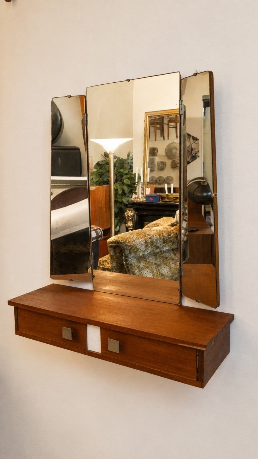 Vintage halspiegel met console, Ophalen of Verzenden, Rechthoekig, Minder dan 50 cm, Minder dan 100 cm
