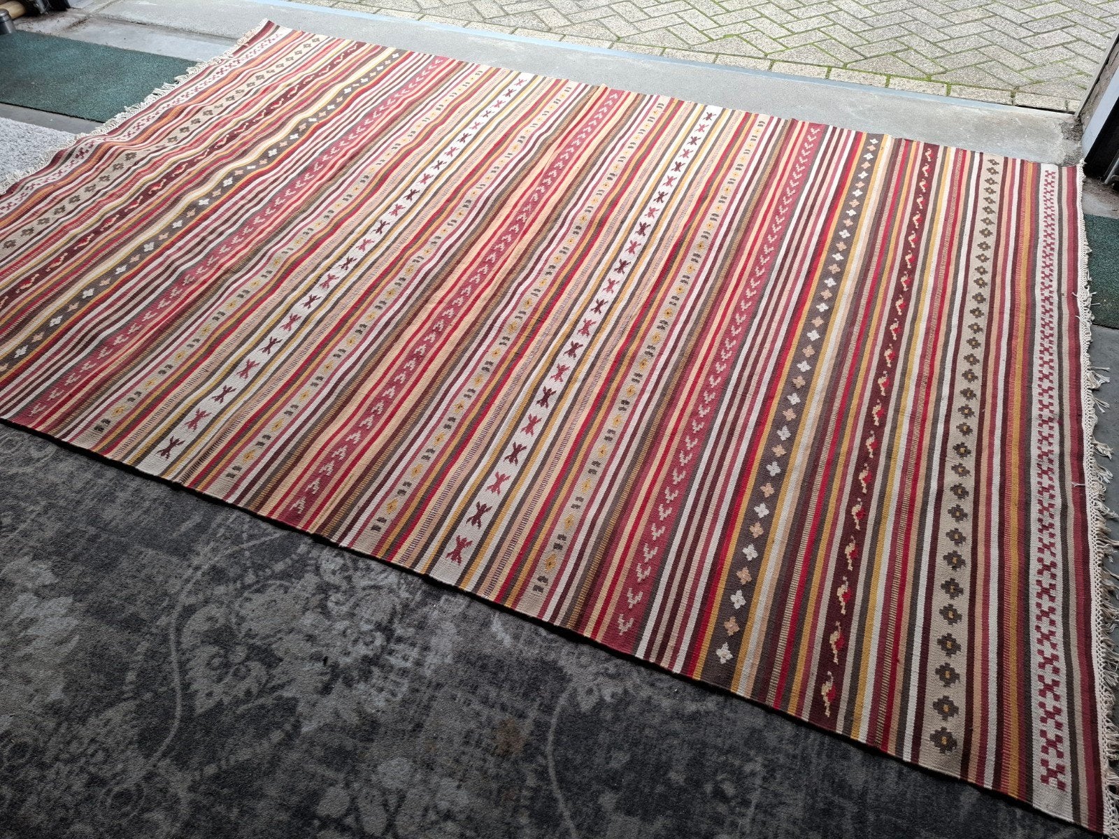Groot handgeweven wollen kelim vloerkleed Izgst. Zie omschr,, Ophalen, Gebruikt, 200 cm of meer, 200 cm of meer