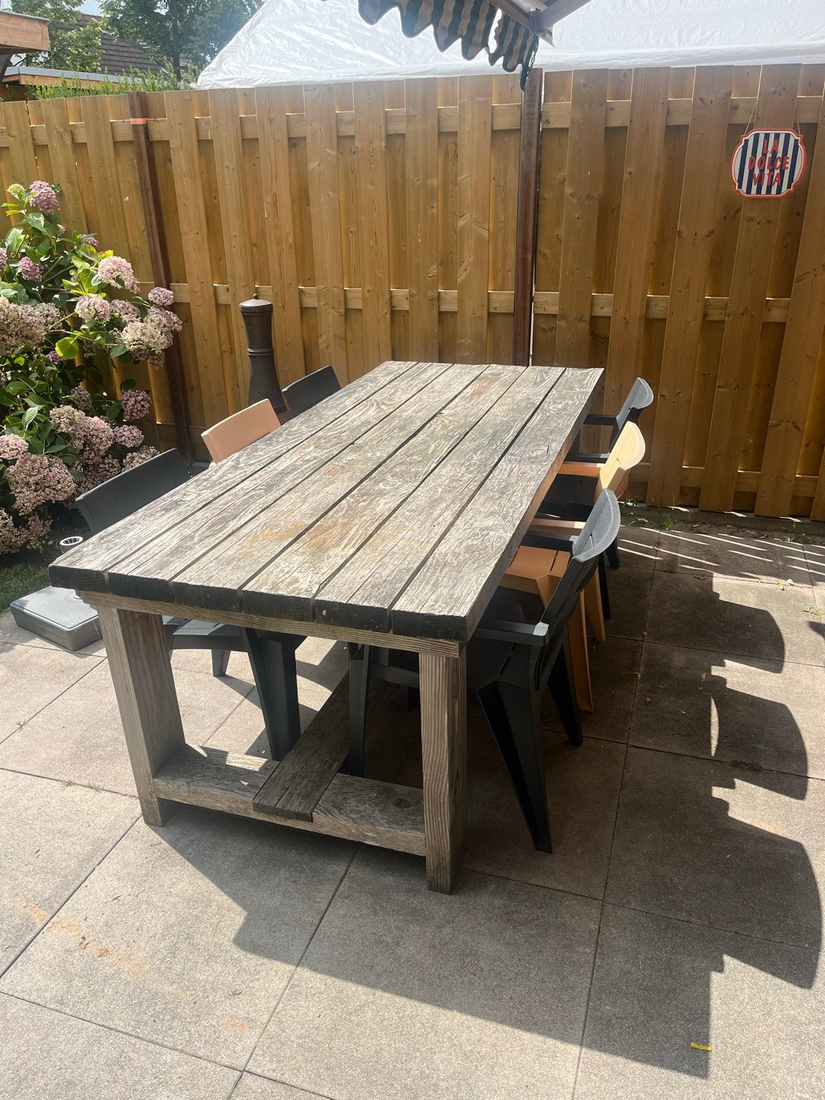 Complete tuinset met tafel en stoelen (antraciet/okergeel), Ophalen, Gebruikt, Eettafel, 6 zitplaatsen