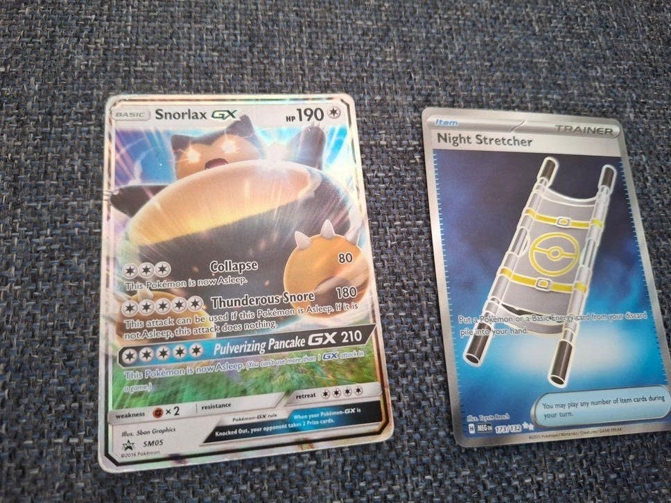 Pokémon Kaarten: Snorlax GX en Night Stretcher, Ophalen of Verzenden, Gebruikt, Meerdere kaarten, Foil