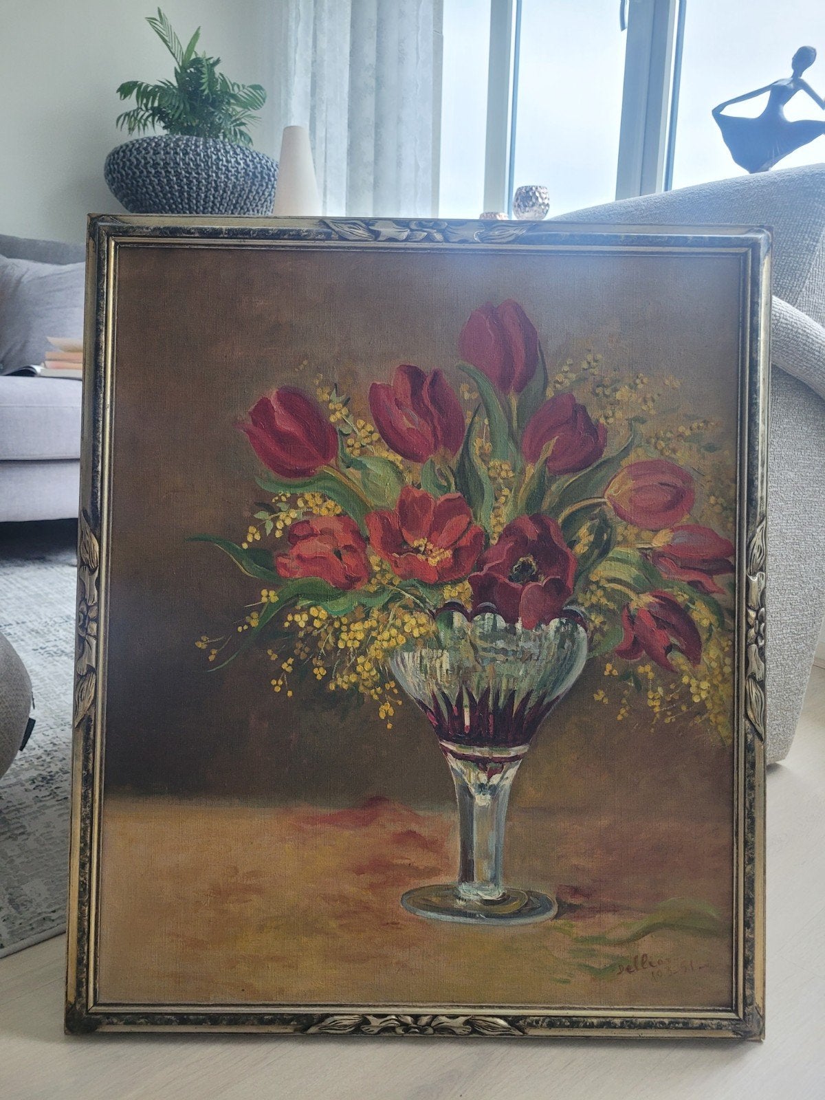 Vintage Schilderij Olieverf – Rode Tulpen en Mimosa in Vaas, Ophalen, Handgeschilderd, Overige ondergronden