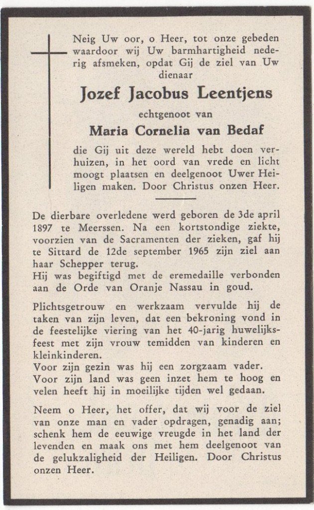 Jozef J. Leentjens 1897 Meerssen + 1965 Sittard, 68 jaar oud, Verzenden