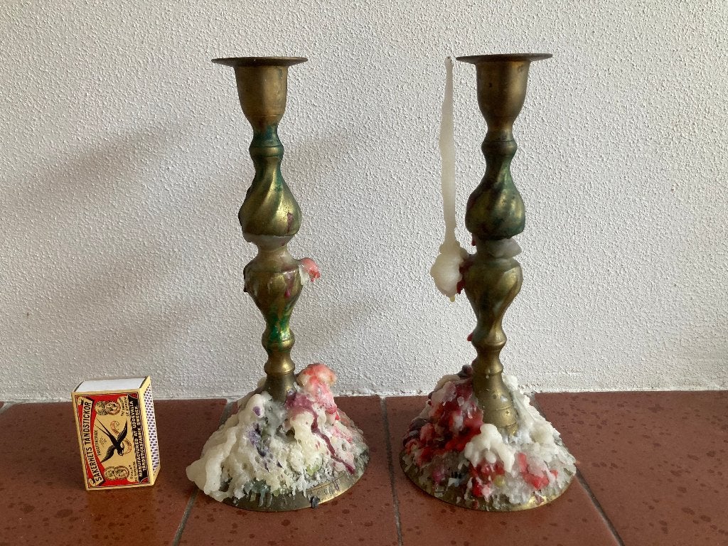 Twee koperen / bronzen antieke kaarsenhouders duo setje, Ophalen of Verzenden, Koper of Brons