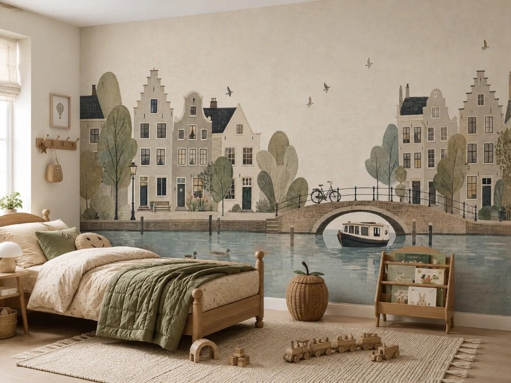 Behang kinderkamer – grachtenstad met brug en boot, Scandinavisch, Overige merken, Blauw, Ophalen of Verzenden