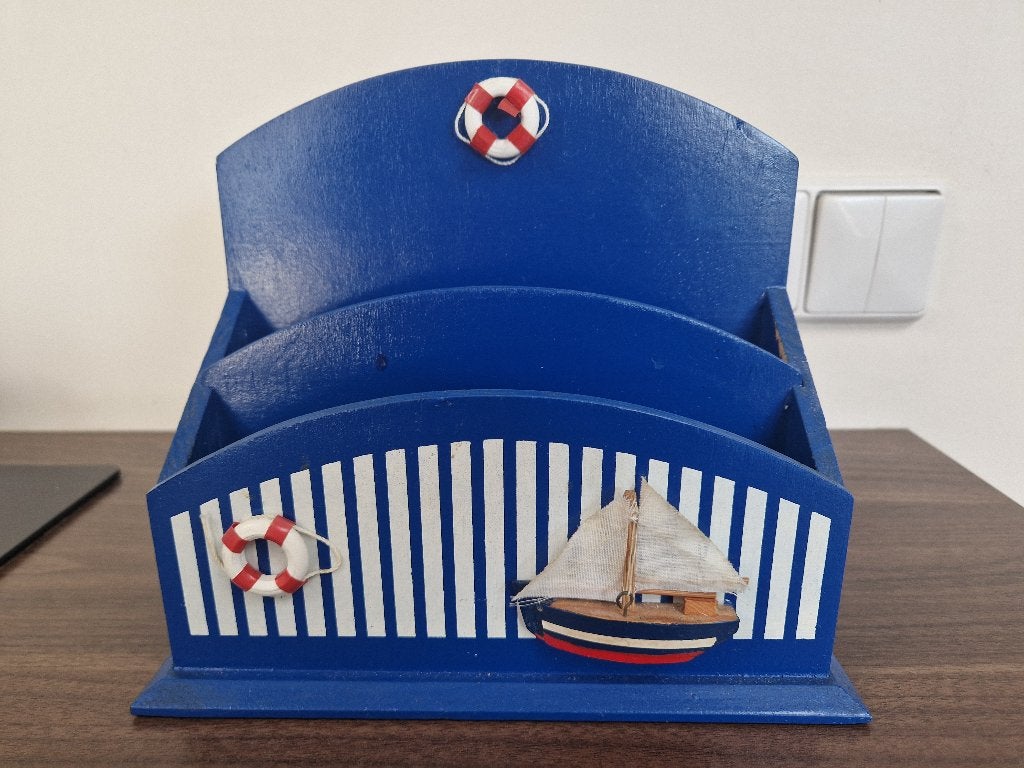 Nautisch blauw houten opbergbakje, Ophalen of Verzenden, Zo goed als nieuw, Interieur en Kussens