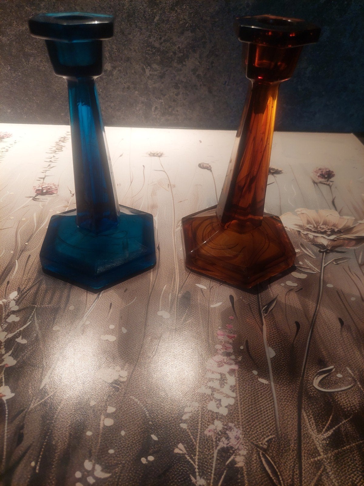 Set van 6 glazen kandelaars George Davidson - Blauw en Amber, Blauw, Ophalen of Verzenden, Kandelaar, Glas