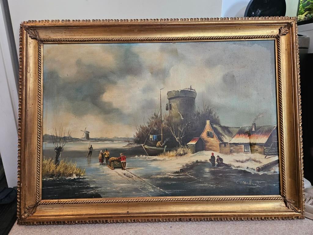 Olieverfschilderij Winterlandschap met Schaatsers, Ophalen of Verzenden