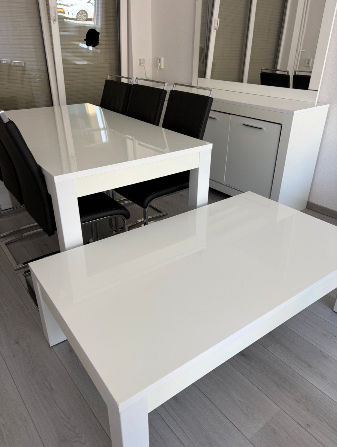 Witte hoogglans eettafel, salontafel en dressoir, Ophalen, Overige materialen, Gebruikt, 50 tot 100 cm