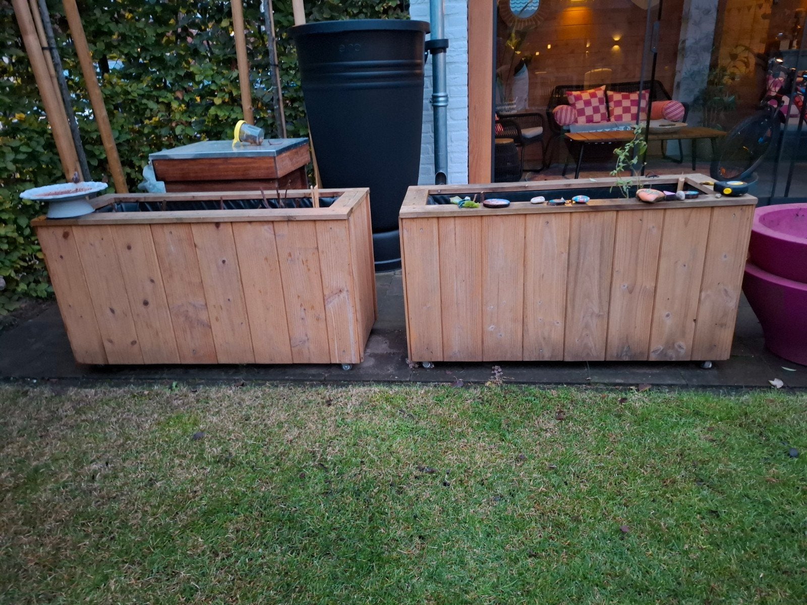 Twee douglas houten plantenbakken, Ophalen, Gebruikt, 100 cm of meer, Balkon