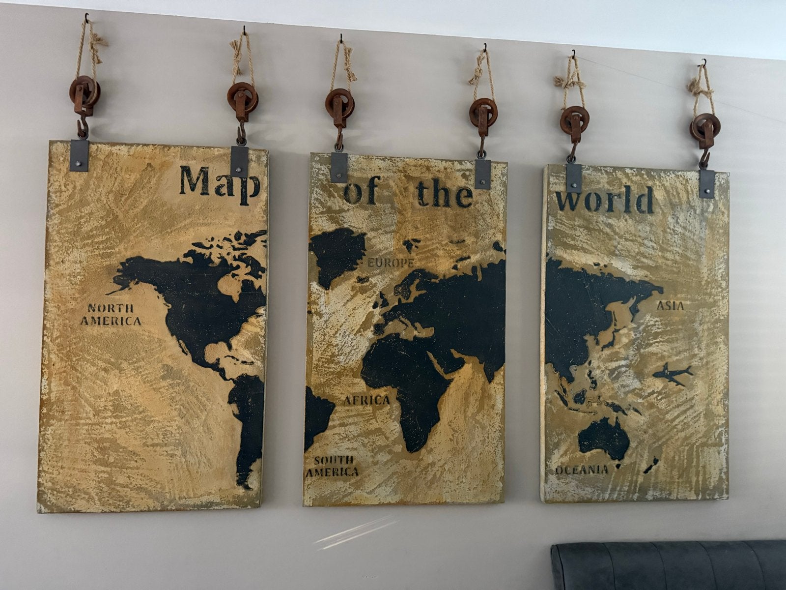 Grote 3-luik landkaart wanddecoratie met ophangsysteem, Ophalen, Gebruikt, Hout, Wandbord of Wandpaneel