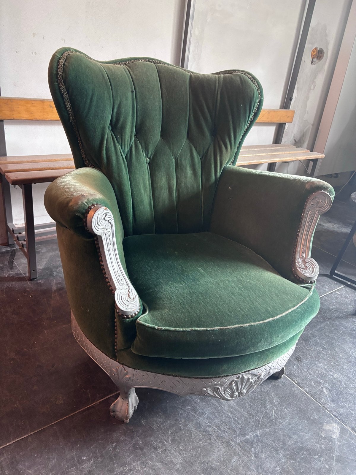 Vintage/retro klassieke groene oor Fauteuil barok, Ophalen, 75 tot 100 cm, Zo goed als nieuw, Stof