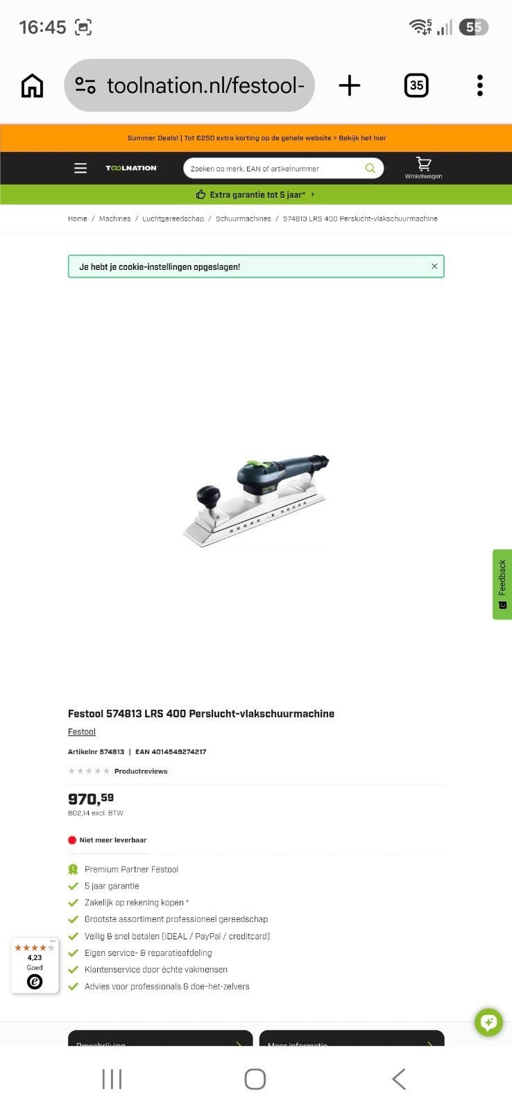 Zgan Festool LRS 400 Vlakschuurmachine op perslucht, Ophalen of Verzenden, Zo goed als nieuw, Minder dan 600 watt, Vlakschuurmachine