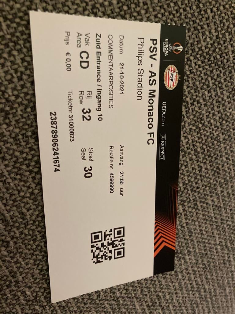 TICKET PSV-AS MONACO EUROPA LEAGEU 21-22, Ophalen of Verzenden, Zo goed als nieuw, PSV, Overige typen