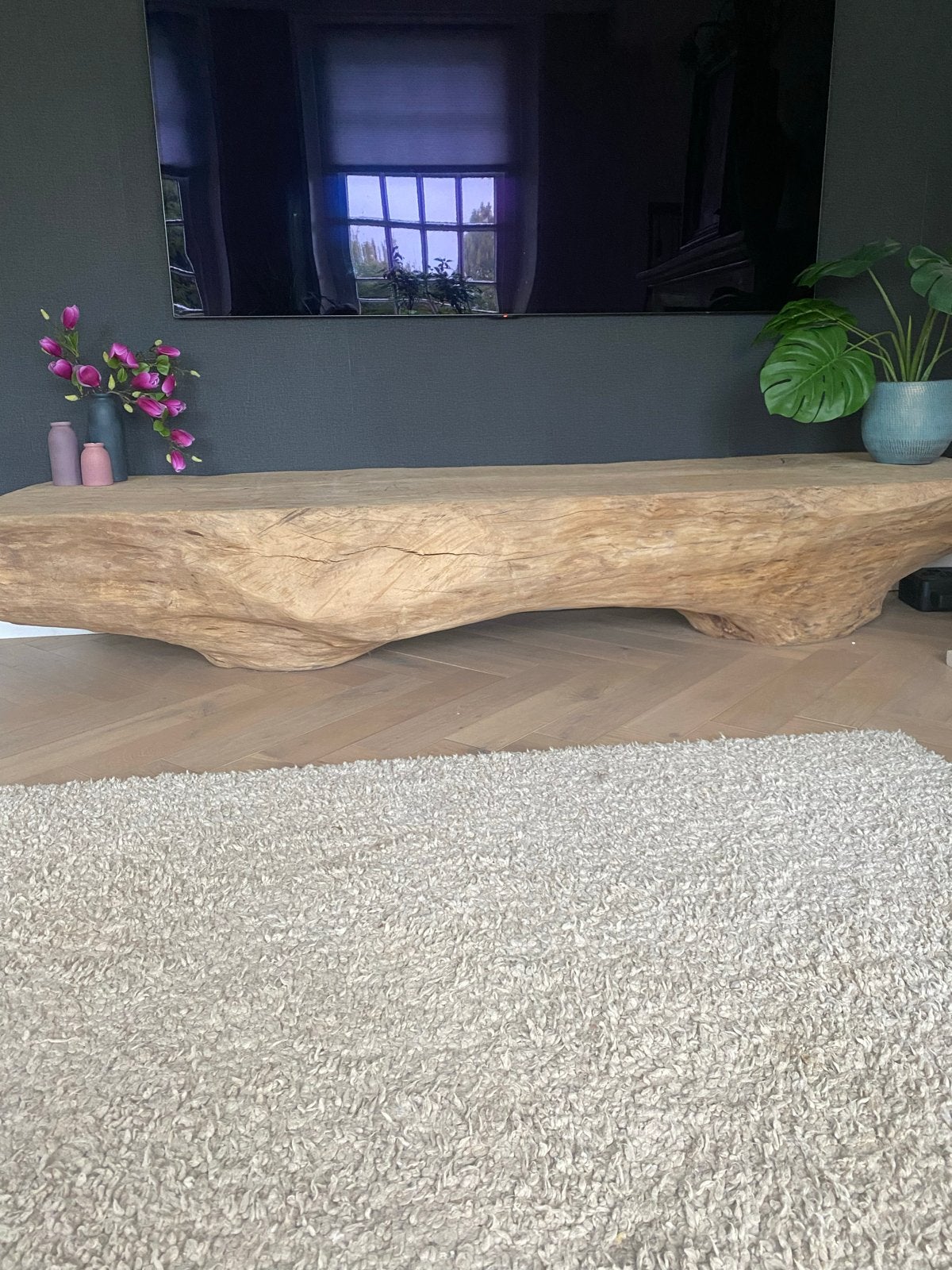 Massieve boomstam - uniek object |  TV-meubel / Salontafel, Ophalen, 150 tot 200 cm, Teakhout, Zo goed als nieuw