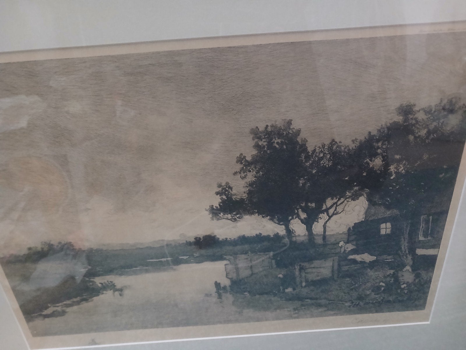 antieke  Weisenbruch ets van landschap met water en huisje,, Ophalen, Ets, Ingelijst, Landschap