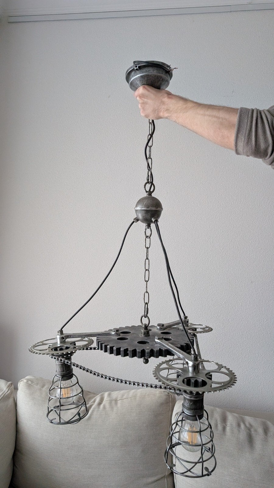 Steampunk hanglamp van fietsketting en tandwielen, Ophalen, Gebruikt, E27 (groot), Metaal