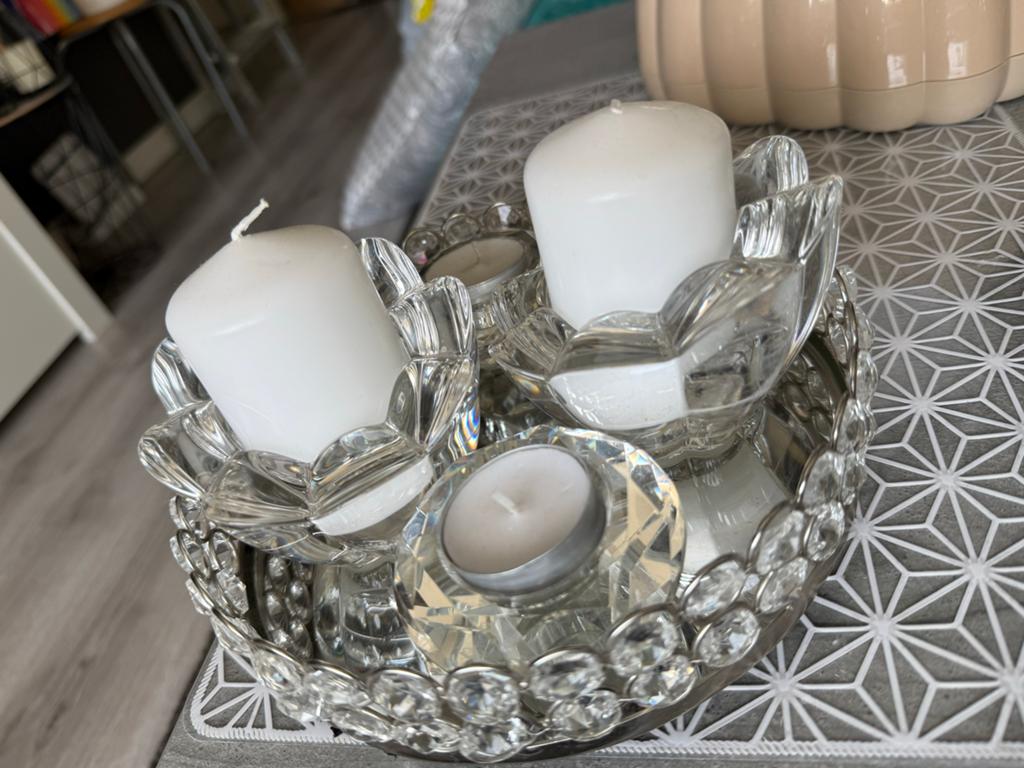 Decoratieve Kandelaar Set met Spiegeldienblad, Ophalen, Overige materialen, Wit, Zo goed als nieuw