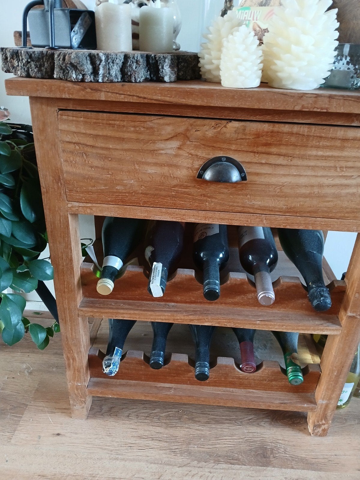 Teak houten wijnkastje met lade - plaats voor 10 flessen, Ophalen, 50 – 75, Gebruikt, 5 tot 15 flessen