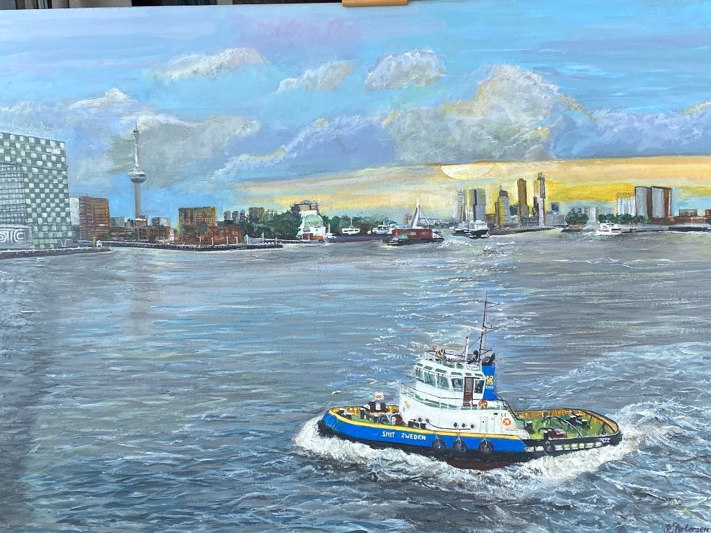 Schilderij Rotterdamse haven met sleepboot, Antiek en Kunst, Acrylverf, Hout, Ophalen of Verzenden, Op houten frame