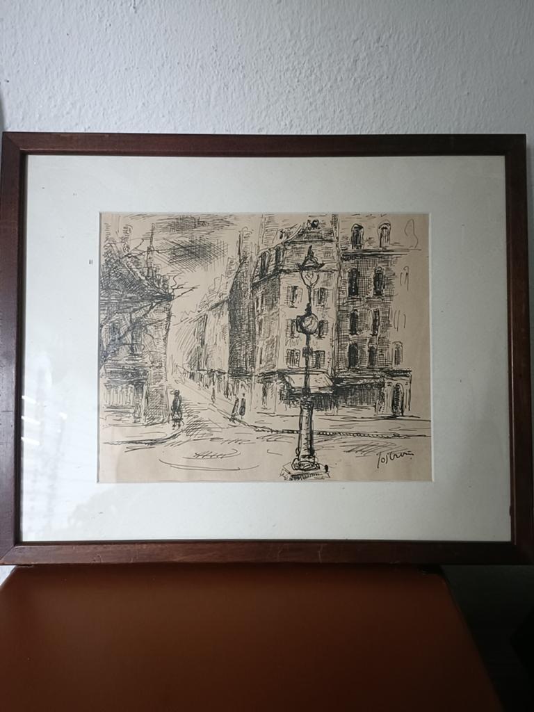 Vintage Stadsgezicht Tekening - Gesigneerd 'Tostrup', Ophalen of Verzenden