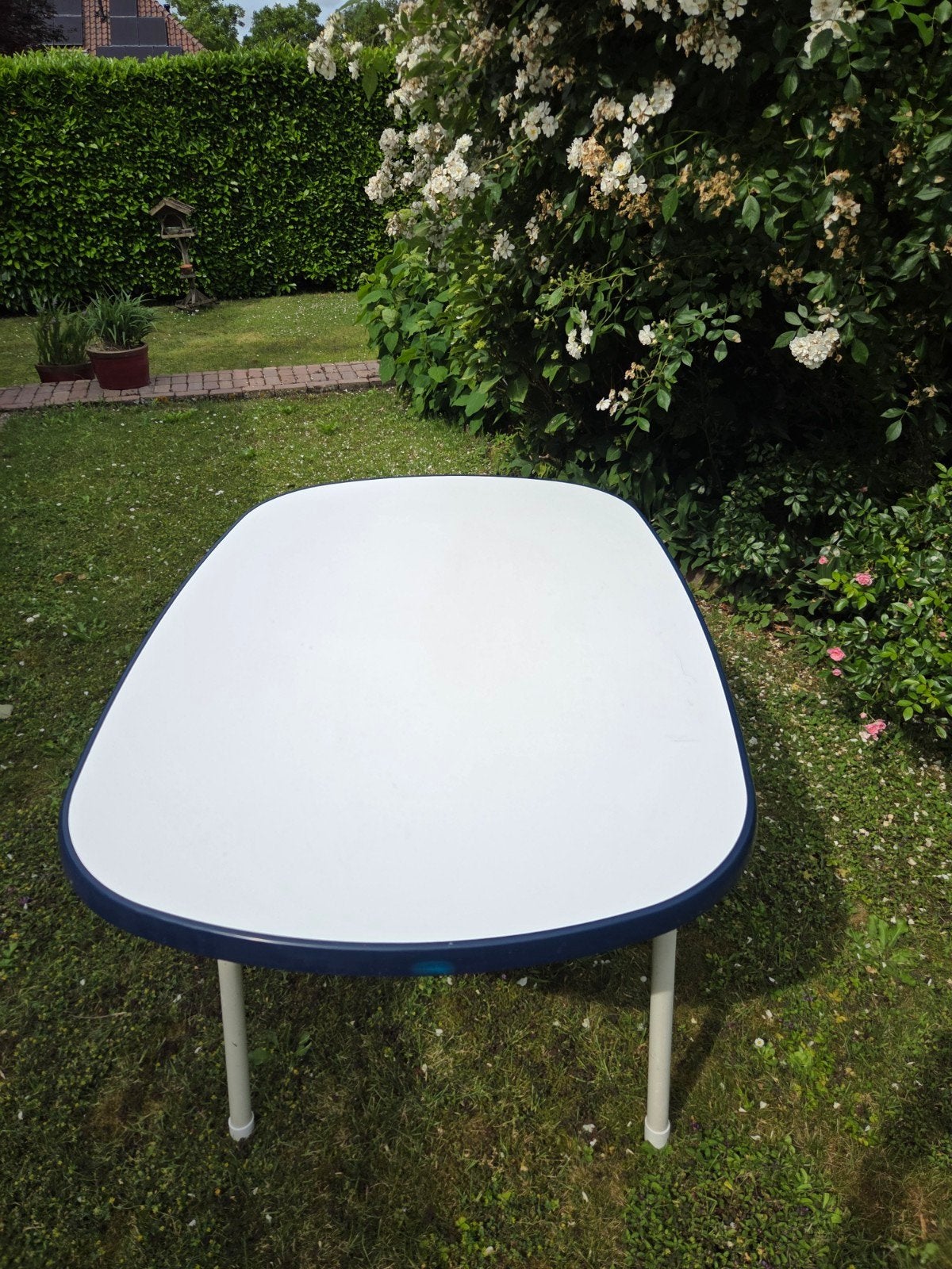 Mooie zware kwaliteit camping opklap tafel wit/blauw, Ophalen, Gebruikt, Campingtafel