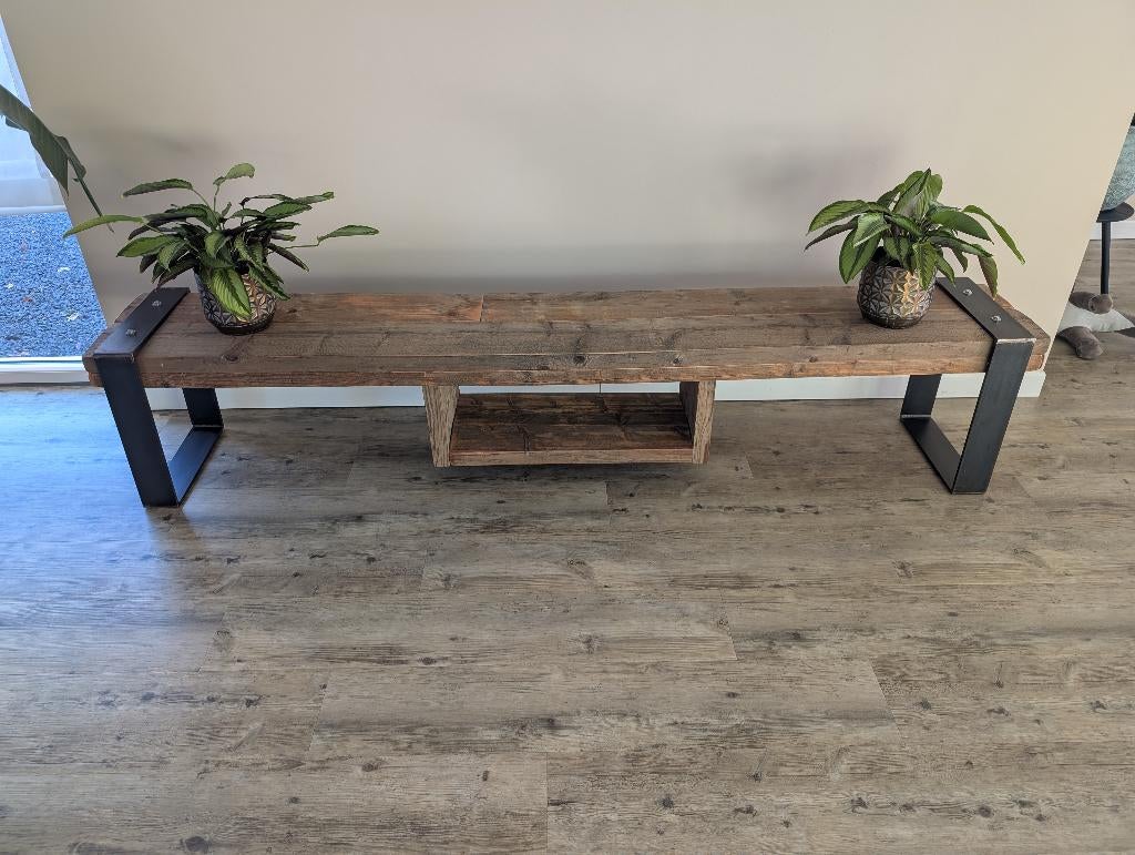 Tv meubel Steigerhout/staal, Zo goed als nieuw, 200 cm of meer, Minder dan 100 cm, Industrieel