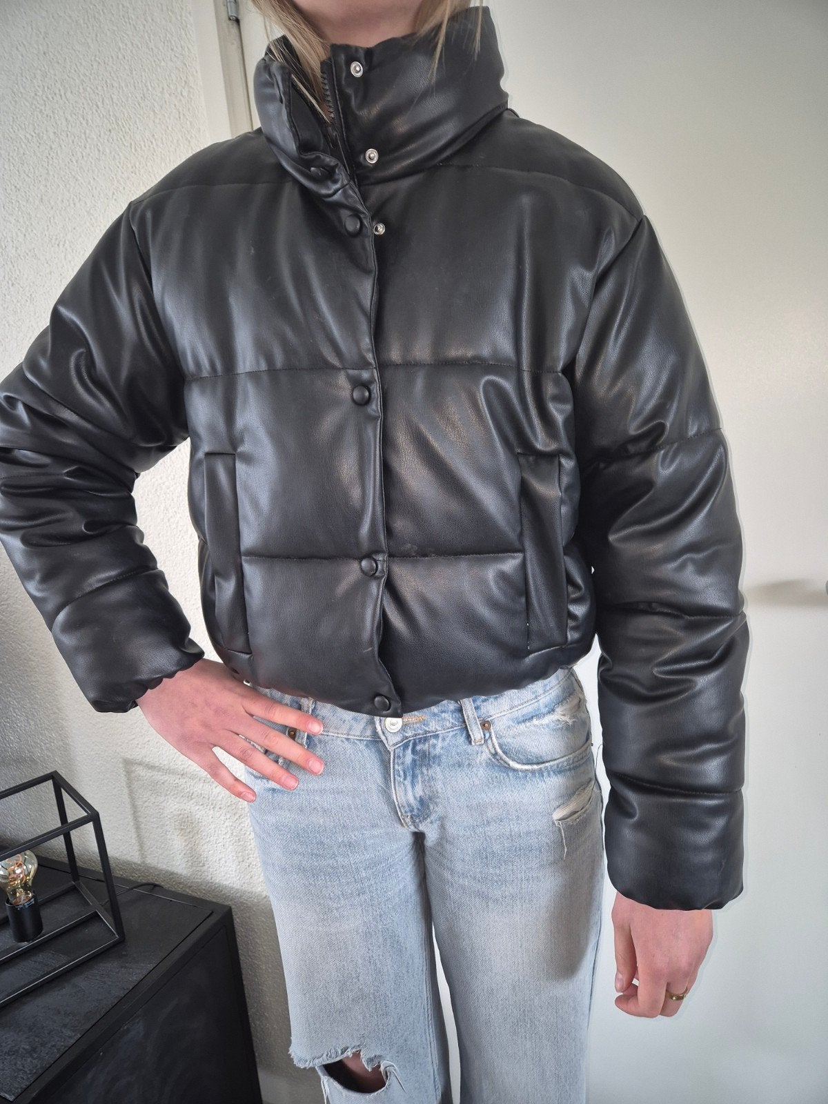 Zwarte kunst leren puffer jacket van Zara maat s, Kleding | Dames, Ophalen of Verzenden, Maat 36 (S), Gedragen, Zara
