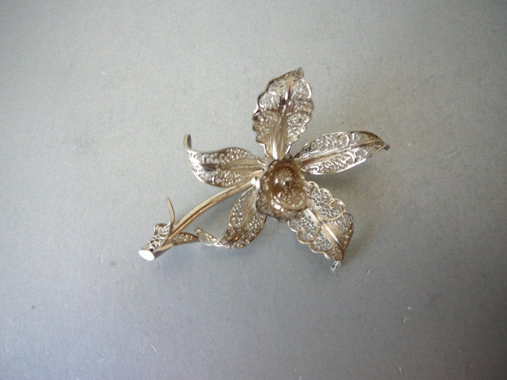 Vintage Zilveren Broche - Sierlijke Orchidee, Verzenden, Zilver, Broche