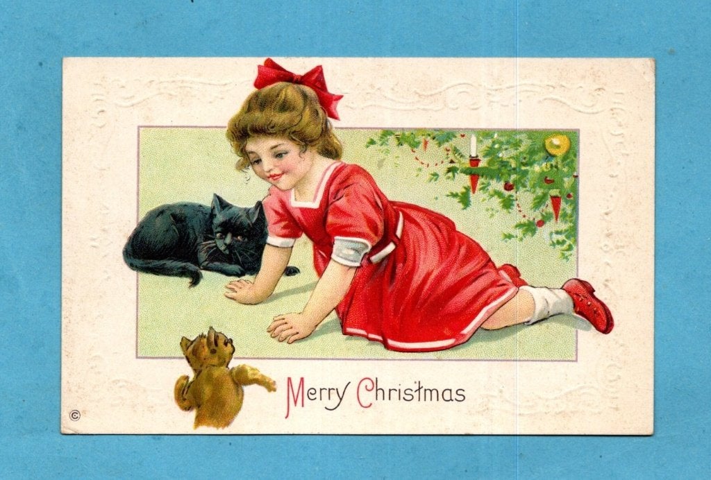 Oude Kerstkaart/reliéf -Meisje, Zwarte Kat & Teddybeer W430, Verzamelen, Ophalen of Verzenden, Voor 1920, Ongelopen, Feest(dag)
