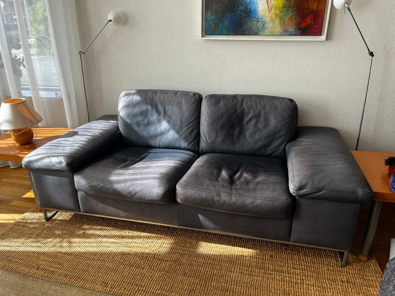 Machalke Tweezitsbank Donkerblauw Leer - 200x95 cm, Ophalen, Gebruikt, Tweepersoons, Rechte bank