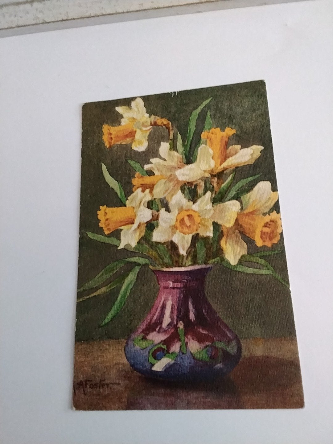 Vintage Ansichtkaart: Narcissen in Vaas -R.A. Foster, Ophalen of Verzenden, Voor 1920, Ongelopen, Natuur