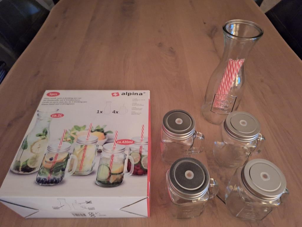 Glazen karaf
4 drinkglazen
NIEUW, Ophalen of Verzenden, Nieuw, Glas of Kopje