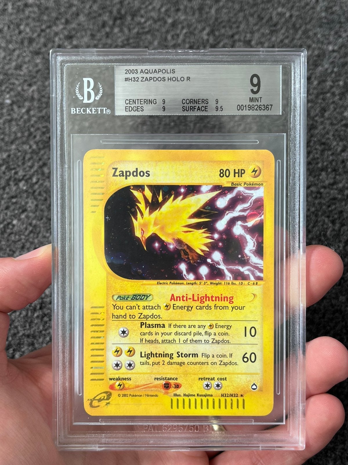 Pokémon BGS 9 Zapdos holo #H32 Aquapolis, Ophalen of Verzenden, Zo goed als nieuw, Losse kaart, Foil