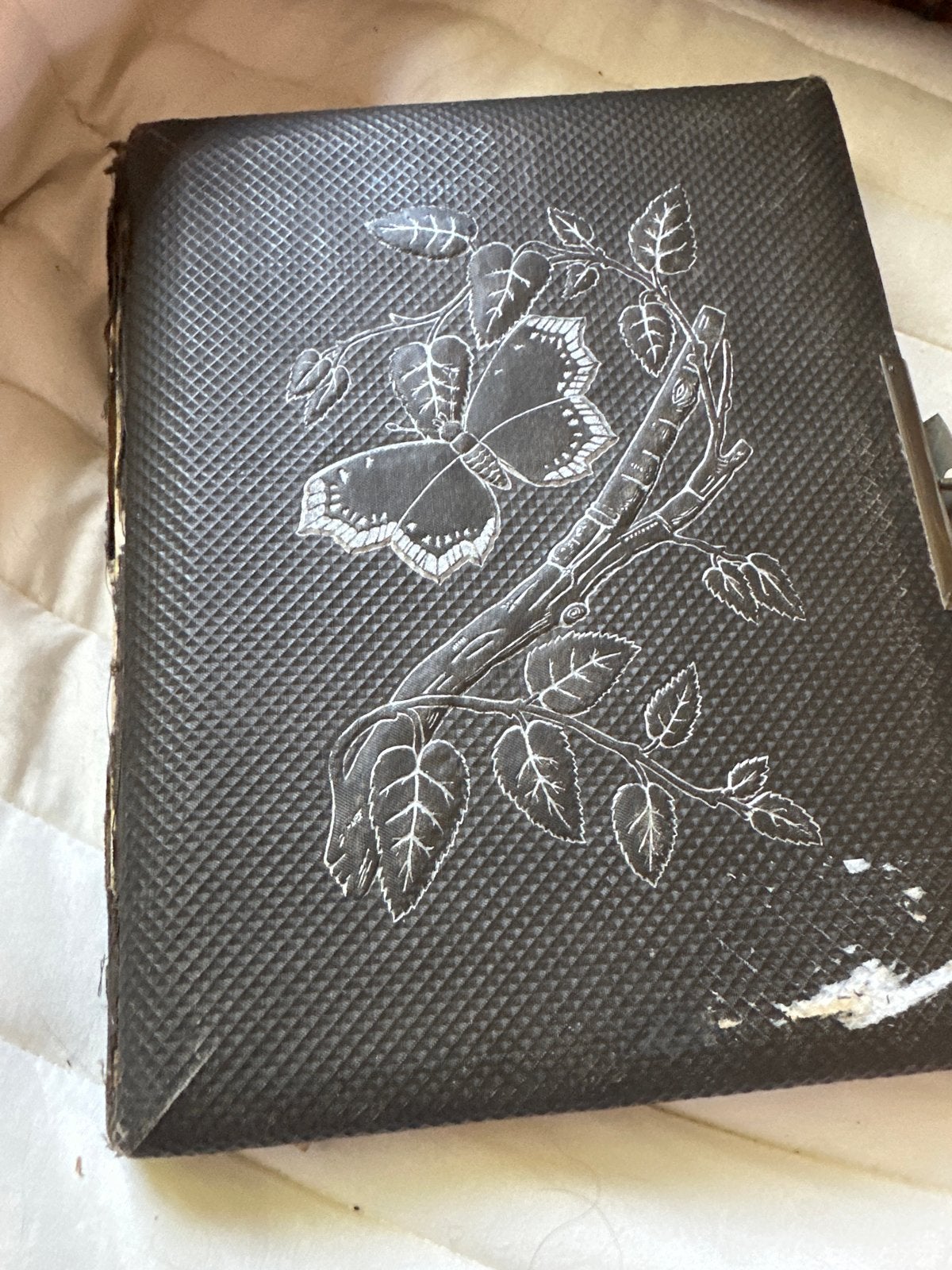 Antiek fotoalbum met vlinder en bloemen reliëf, Ophalen, Gebruikt, Overige merken, Zwart