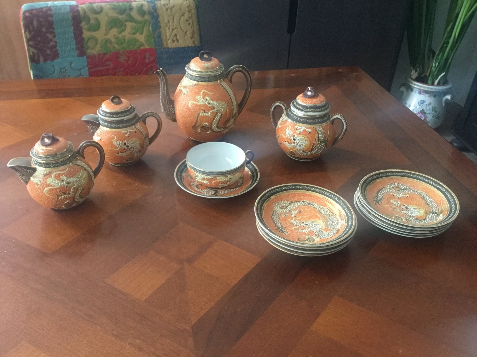 Antiek Japans dragonware moriage theeservies. 15 delen, Ophalen of Verzenden