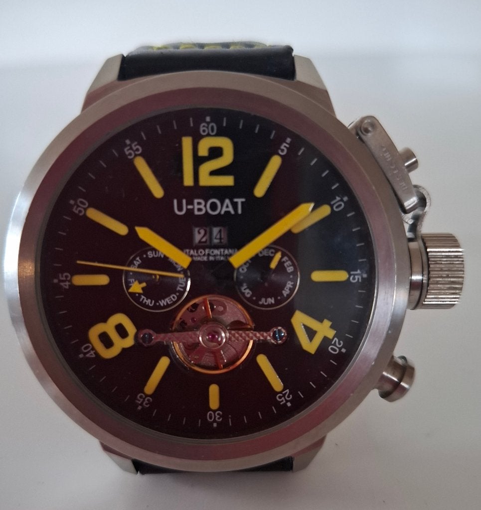 U-Boat stalen heren horloge, automaat, dag, datum, maand., Overige merken, Leer, Staal, Polshorloge