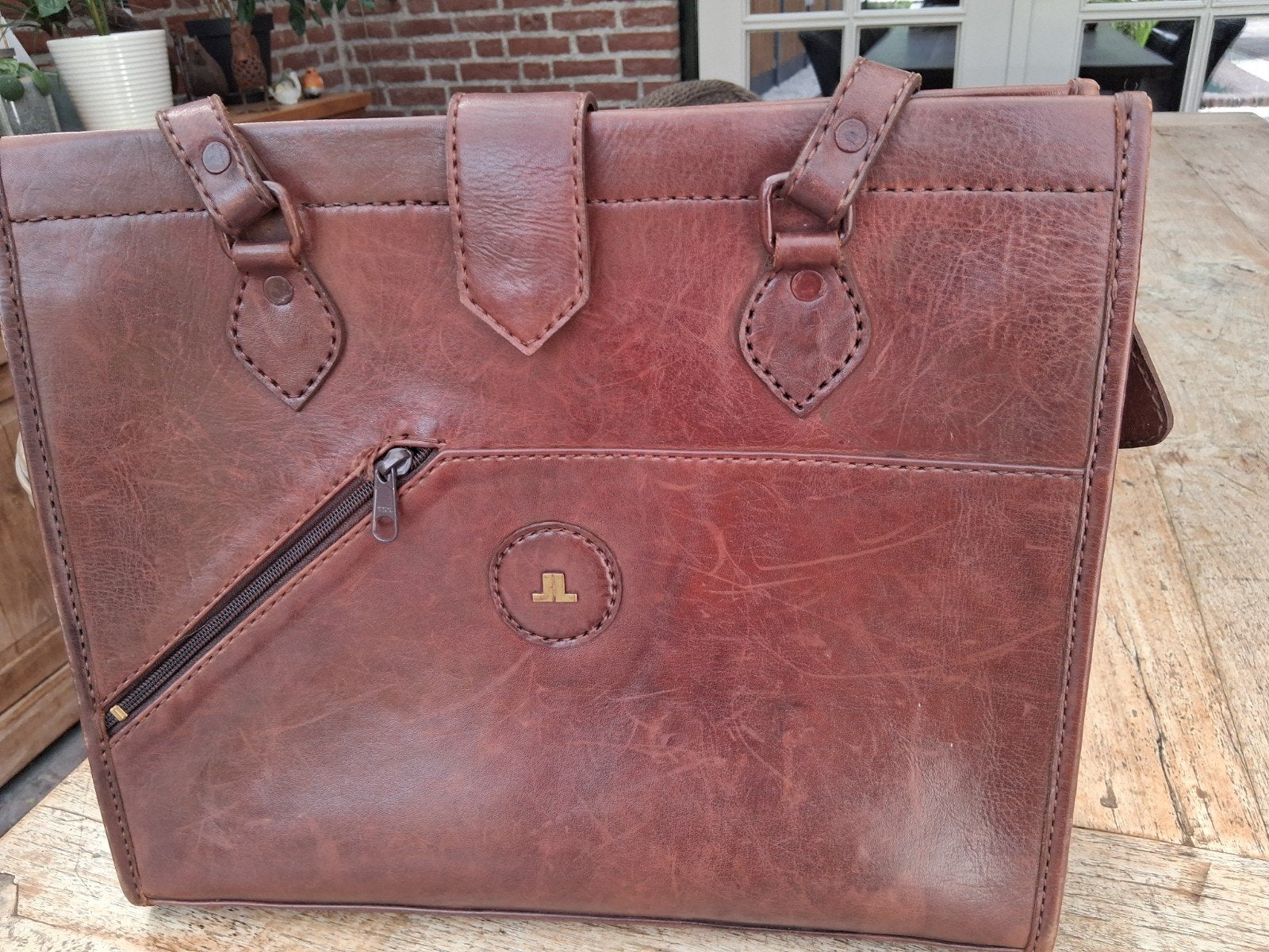 Lederen laptoptas met sleutelhanger en beursje