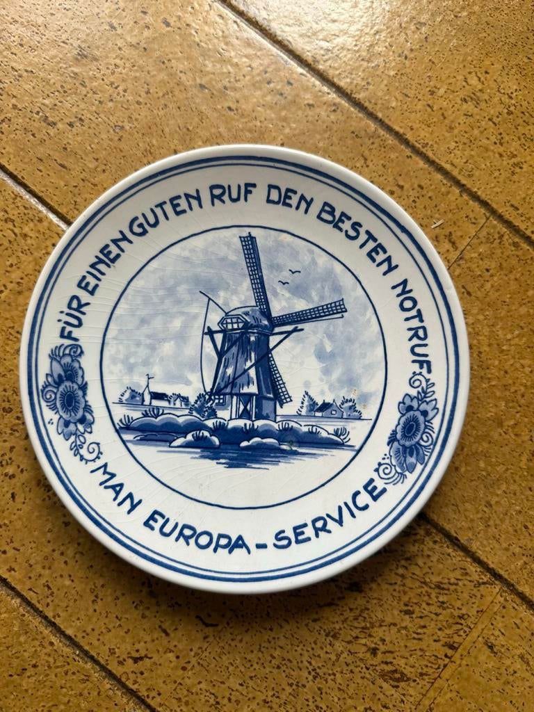Delfts Blauw sierbord - MAN Europa-Service molen, Ophalen of Verzenden
