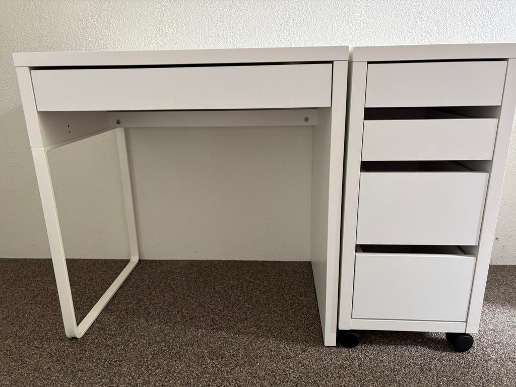 Bureau Micke en bijpassende ladekast wit, Ophalen, Hout, 73 cm, Kabelgoot