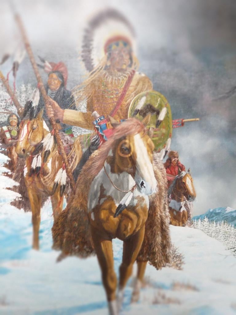 Olieverfschilderij 'The Warning, - Indianen te paard, Ophalen