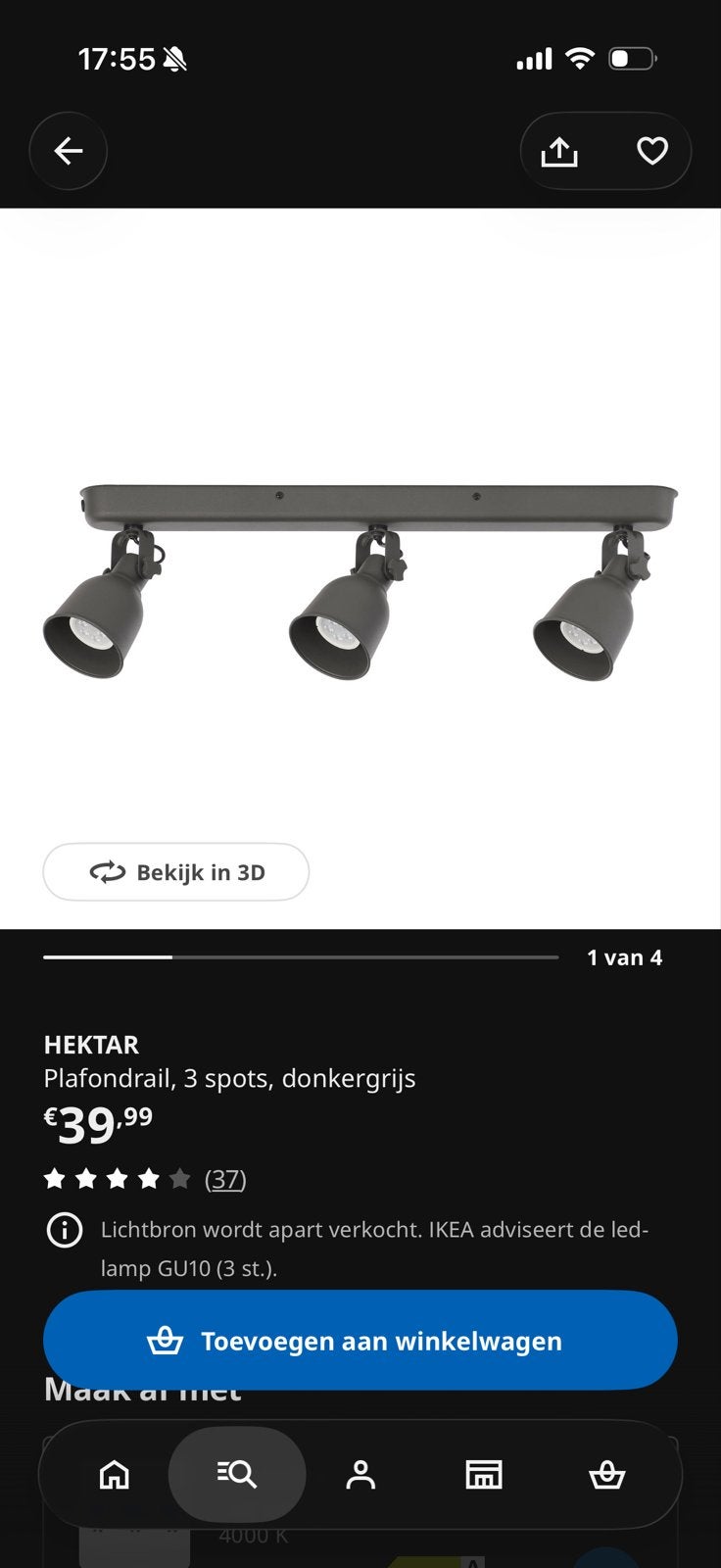 IKEA Hektar Plafondspot - 3 spots, GU10, Ophalen of Verzenden, Zo goed als nieuw, LED