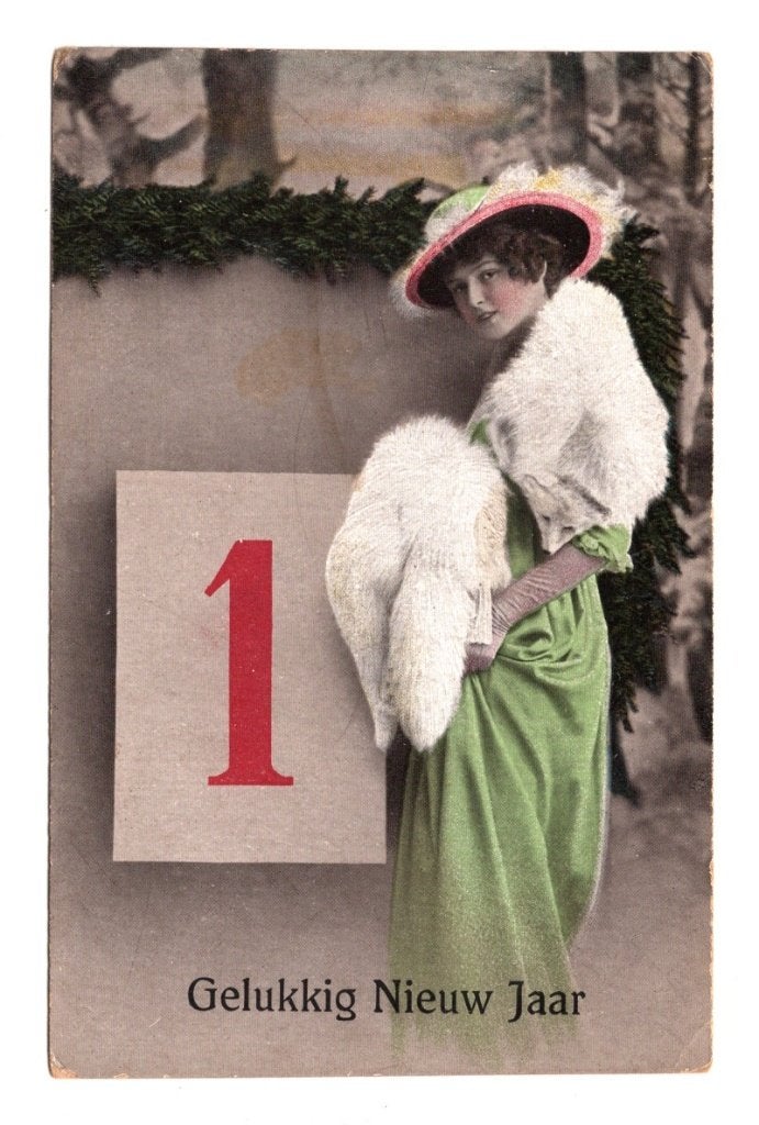 Oude Ansichtkaart Nieuwjaar Gelukkig Nieuw Jaar Vrouw, Ophalen of Verzenden, Voor 1920, Gelopen