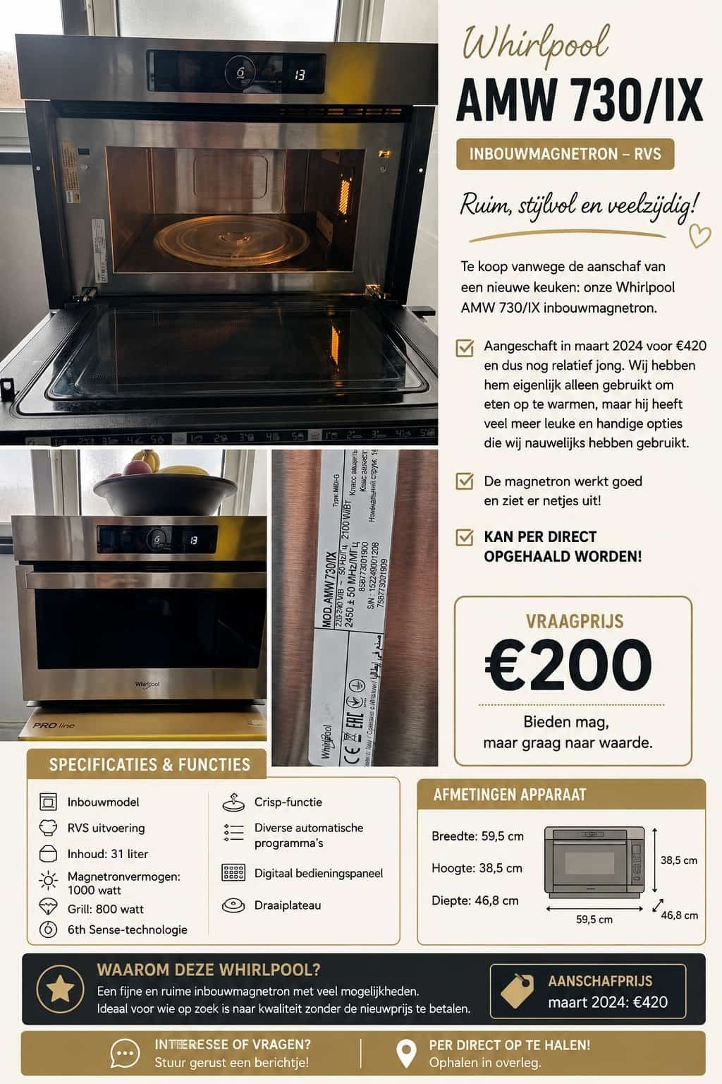 Whirlpool AMW 730/IX Inbouwmagnetron - RVS, Witgoed en Apparatuur, Magnetrons, Ophalen, Combimagnetron, Gebruikt, Crisp