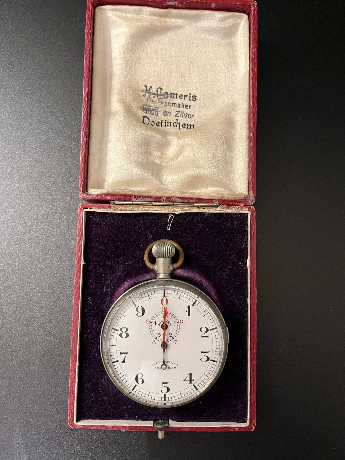 Antieke Elka stopwatch, werkend met doos, Overige merken, Zakhorloge, Gebruikt, Staal