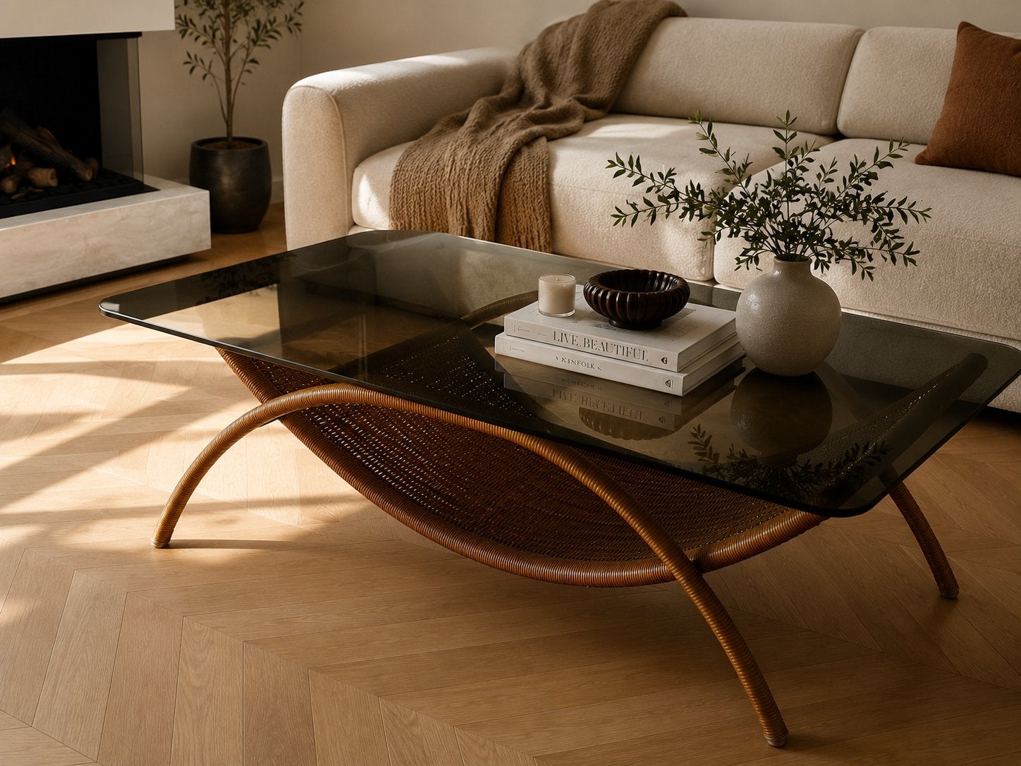 Design salontafel rookglas rotan marmer jaren 70 zara home, Ophalen, 100 tot 150 cm, 50 tot 100 cm, Glas